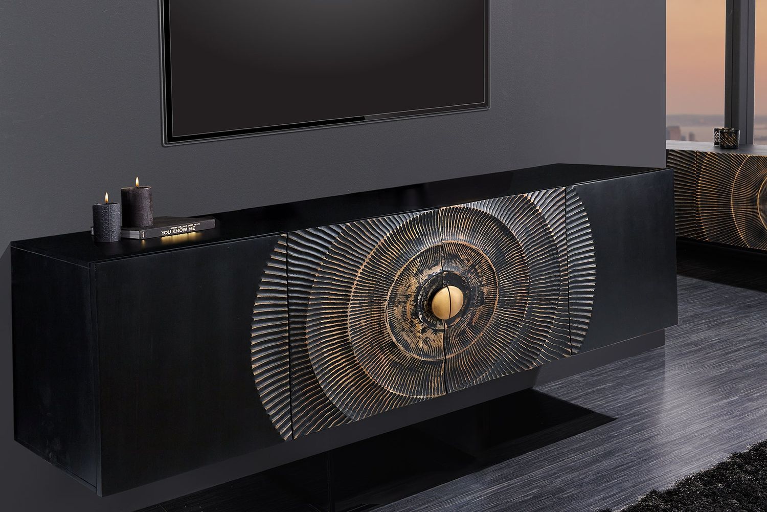 Buffet GOLDEN SUNSET 180cm, suspension 3D, bois de manguier doré et noir - 44525