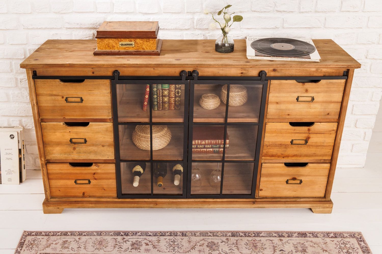 Buffet HERITAGE 150 cm portes coulissantes en verre, bois de pin - 40881