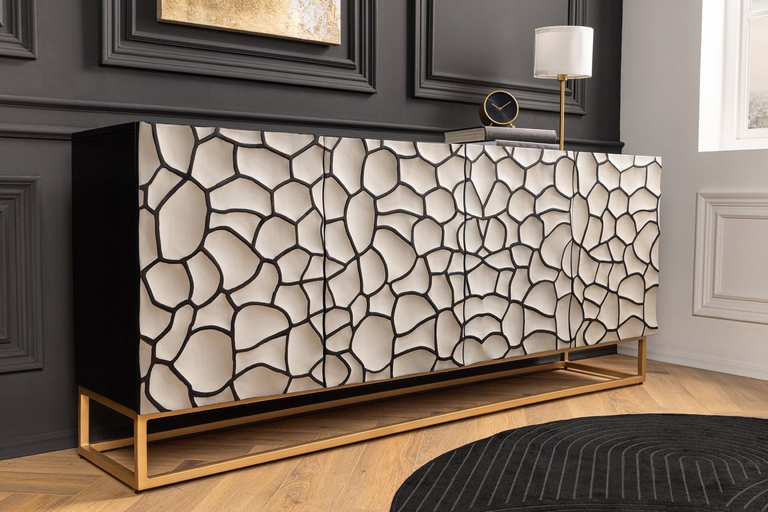 Buffet VULCANO 180cm Mosaïque 3D Bois de manguier Noir Blanc - 44646