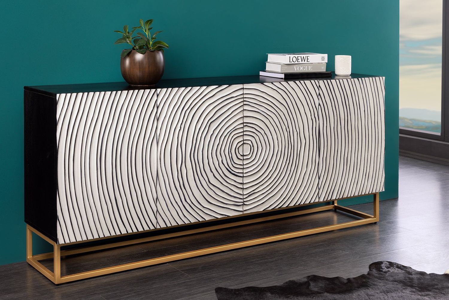 Buffet ZEN CIRCLE 180 cm 3D en bois de manguier noir et blanc - 44578