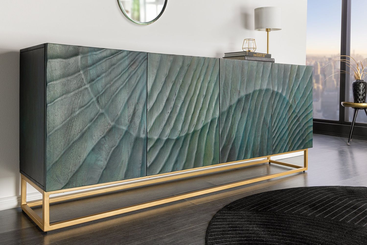 Buffet SCORPION 180 cm 3D bois de manguier turquoise et or - 45644