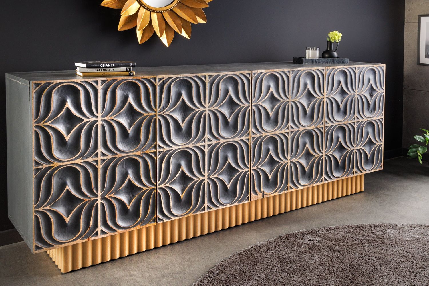 Buffet PIAZZA SAN MARCO 180cm bois de manguier bleu gris doré - 44319