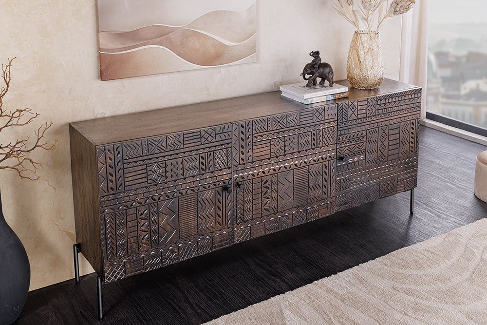 Buffet TRIBAL 180 cm, aspect antique 3D, bois de manguier brun foncé - 45995