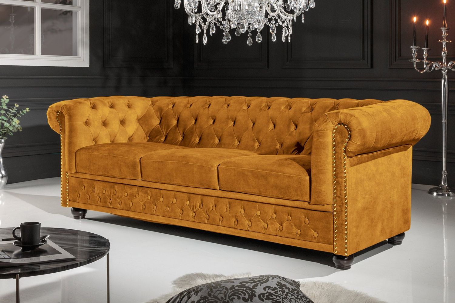Canapé CHESTERFIELD 205 cm à ressorts, 3 places, velours jaune moutarde - 47032