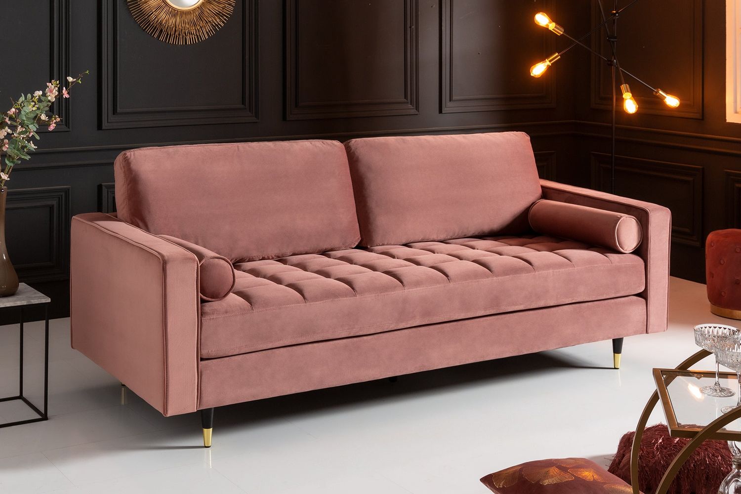 Canapé COZY VELVET 220cm 3 places en velours rose poudré - 41071