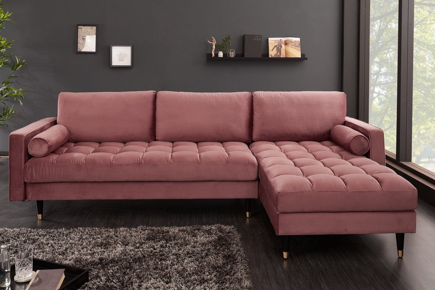 Canapé d'angle COZY VELVET 260 cm velours rose poudré - 40276