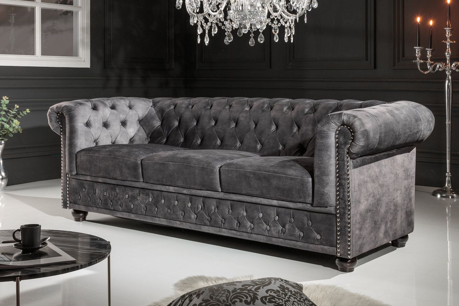 Canapé CHESTERFIELD 205 cm 3 places velours gris - 41215