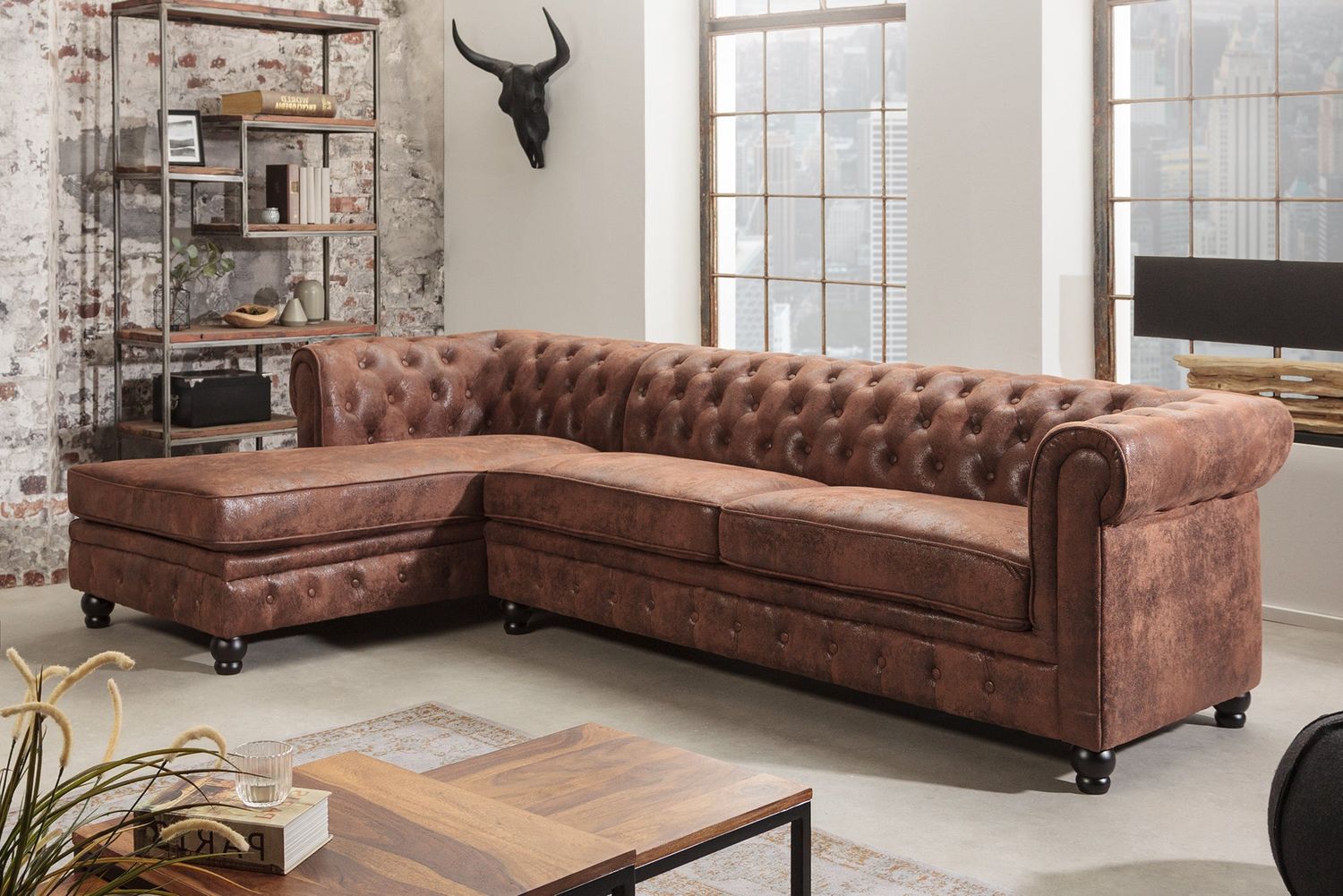 Canapé d'angle CHESTERFIELD avec pouf gauche 270 cm, structure à ressorts, microfibre marron antique - 40611