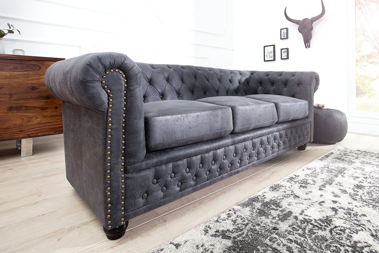 Canapé CHESTERFIELD 3 places en microfibre gris antique - 37391