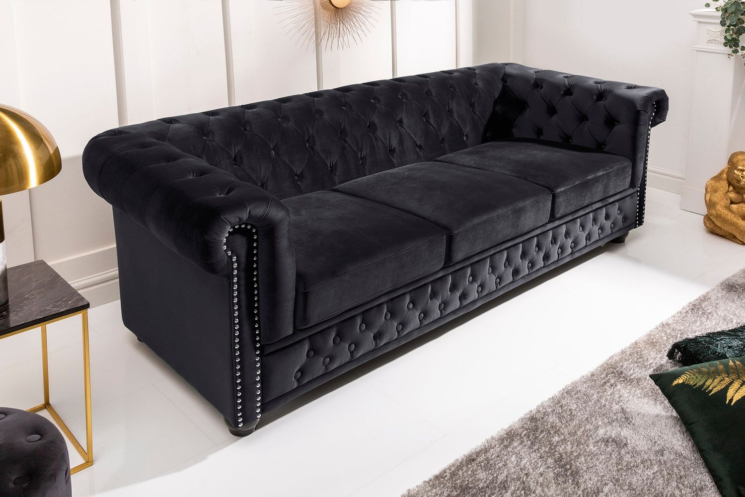 Canapé CHESTERFIELD 205 cm à ressorts, 3 places, velours noir - 47033