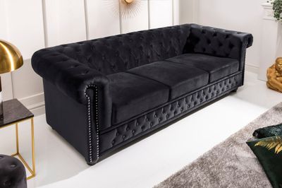 Canapé CHESTERFIELD 205 cm à ressorts, 3 places, velours noir - 47033