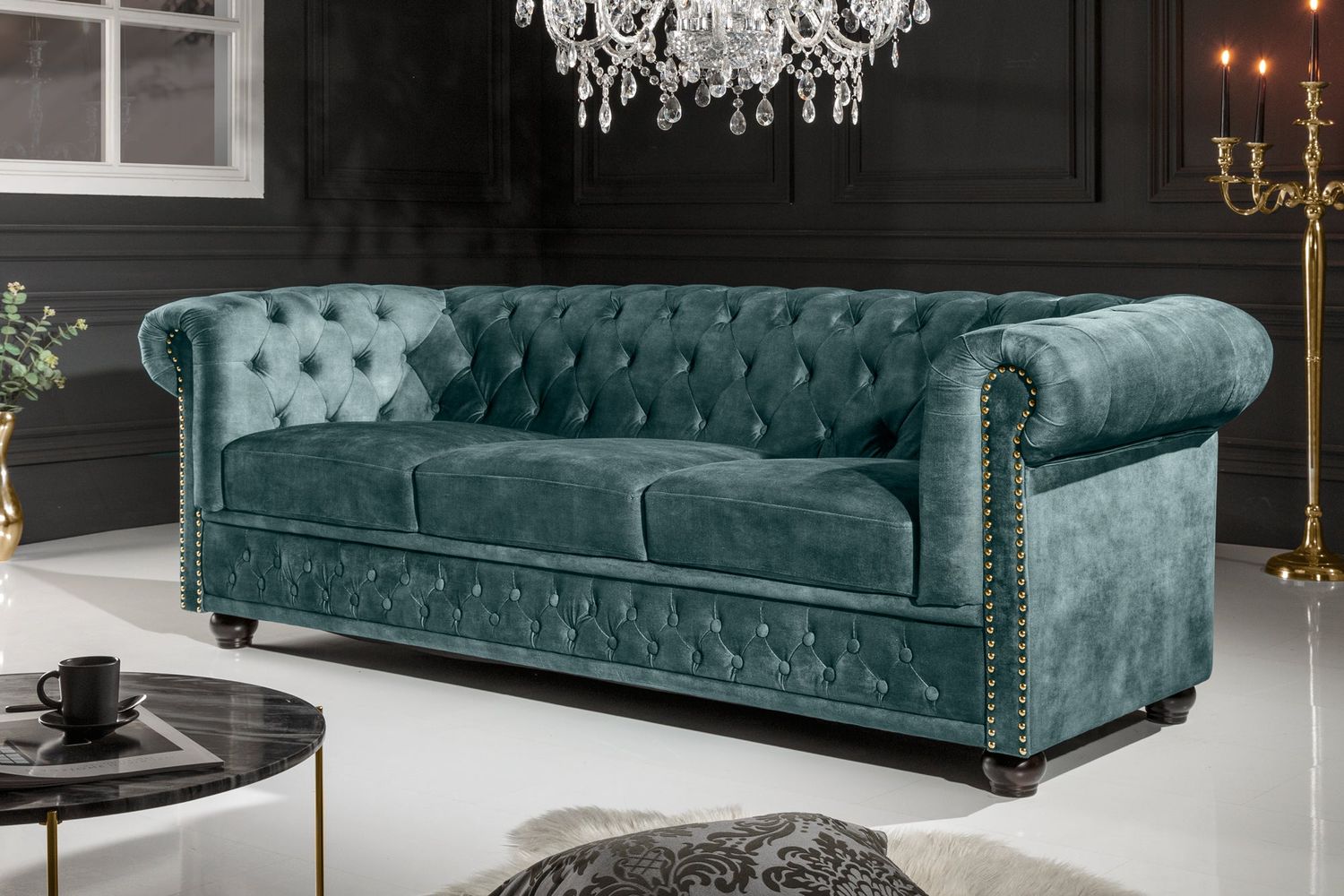 Canapé CHESTERFIELD 205cm 3 places velours bleu sarcelle - 43091
