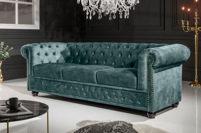 Canapé CHESTERFIELD 205cm 3 places velours bleu sarcelle - 43091
