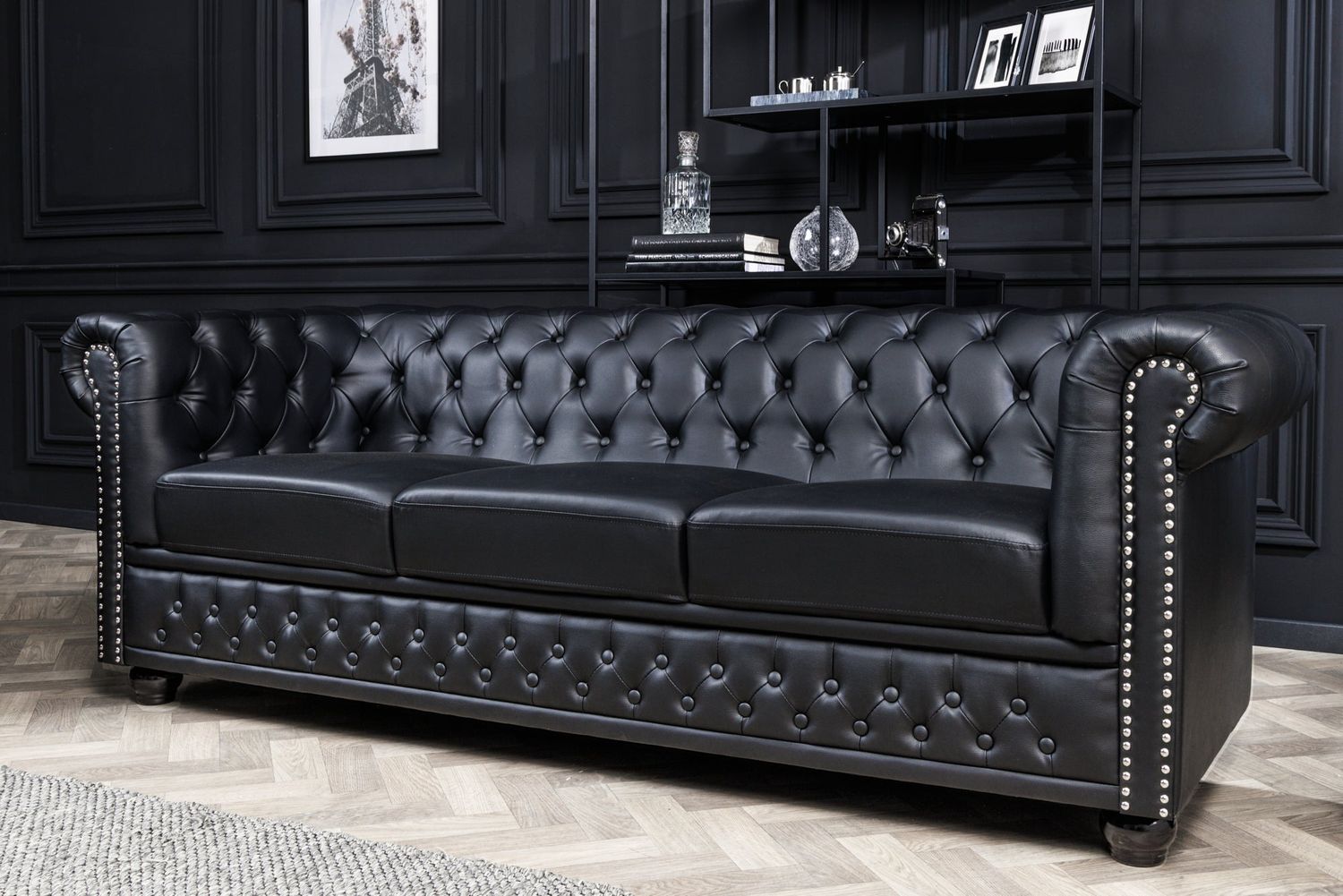 Canapé CHESTERFIELD 205 cm 3 places en similicuir noir aspect antique - 41447