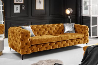 Canapé MODERN BAROCK 240cm 3 places en velours jaune moutarde style Chesterfield - 44392
