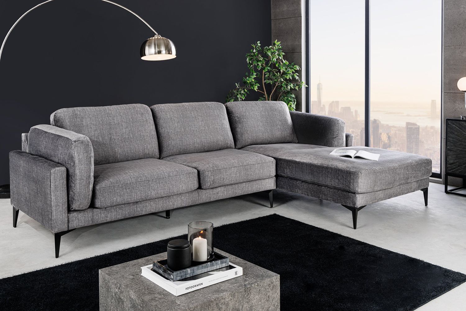 Canapé d'angle MANHATTAN 295 cm avec pouf droit, velours gris foncé - 44277
