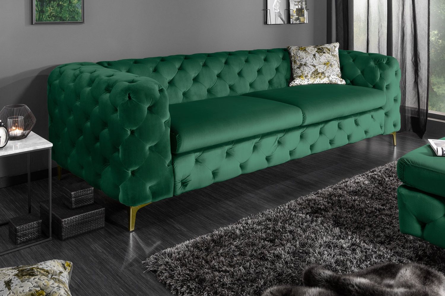 Canapé MODERN BAROCK 240cm 3 places velours émeraude style chesterfield - 6539312