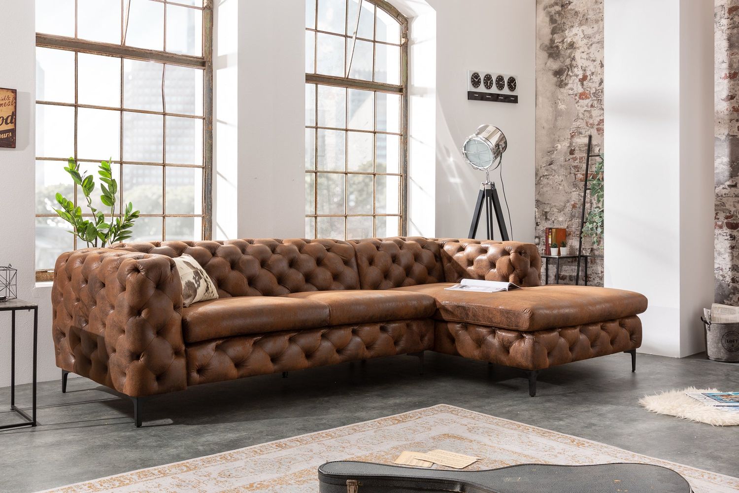 Canapé d'angle MODERN BAROCK 275 cm en microfibre marron antique style Chesterfield - 6540667