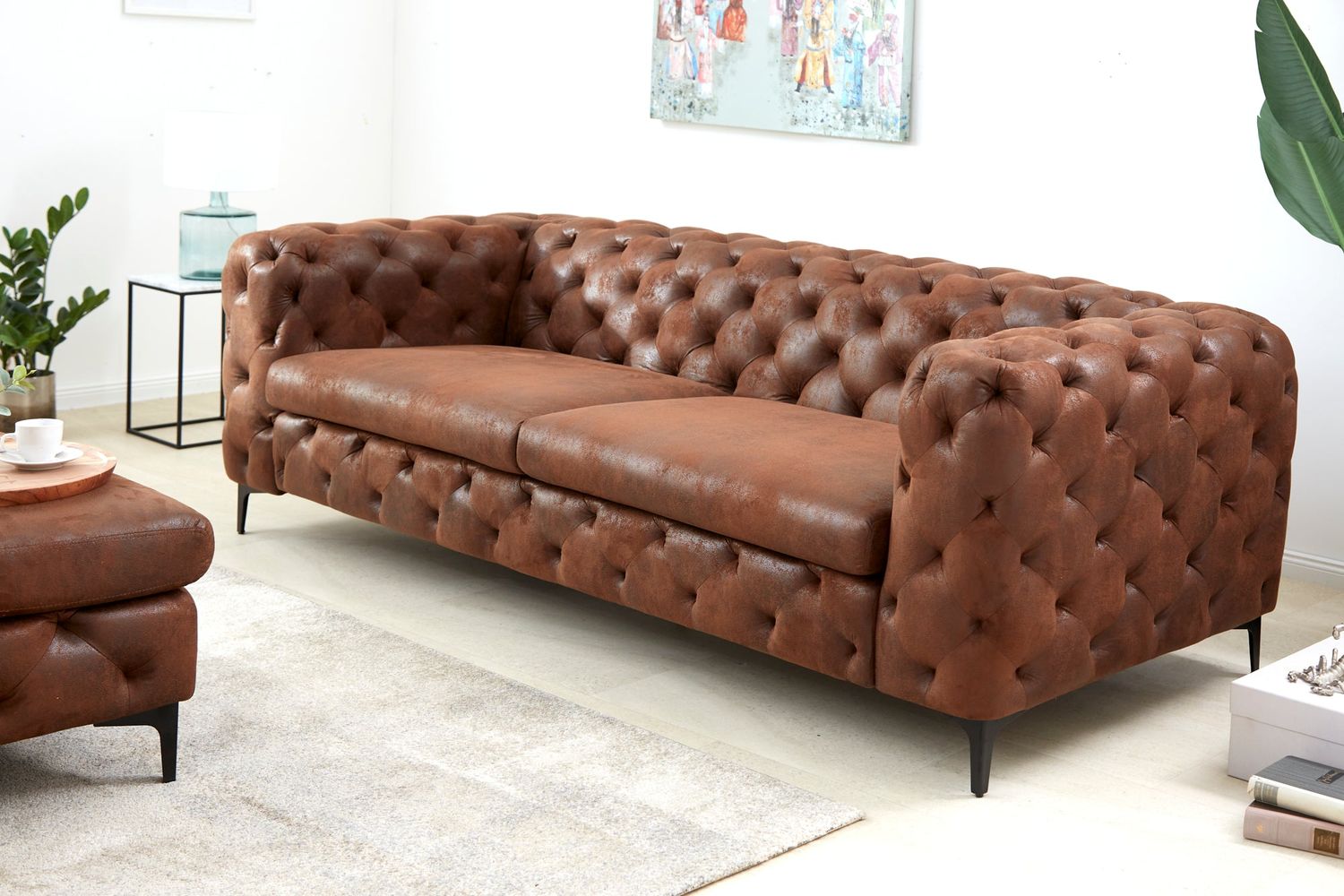 Canapé MODERN BAROCK 240 cm 3 places en microfibre marron antique style Chesterfield - 44396