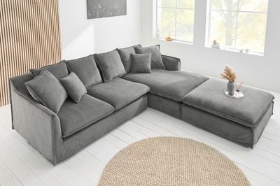 Canapé d'angle HEAVEN 255 cm, structure à ressorts, housse amovible, cordon gris - 43445