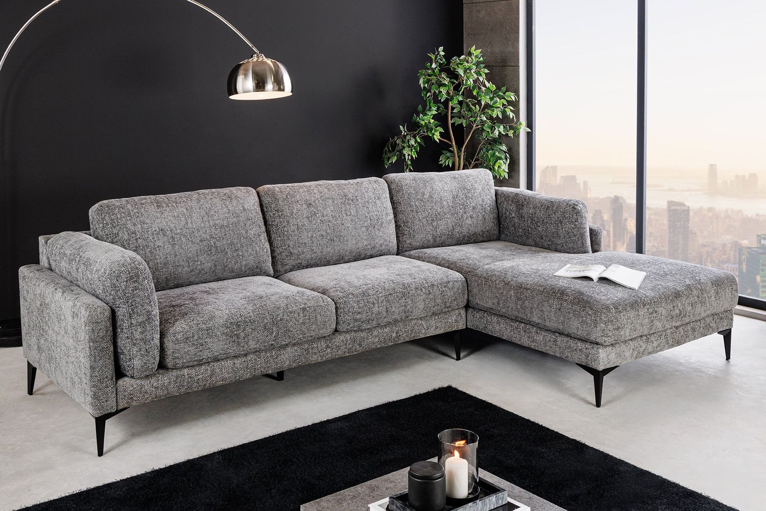 Canapé d'angle MANHATTAN 295 cm avec pouf droit, tissu texturé chenille gris - 44278