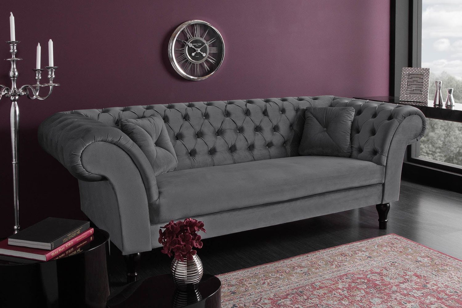 Canapé PARIS CHESTERFIELD 225 cm velours gris argenté - 40148