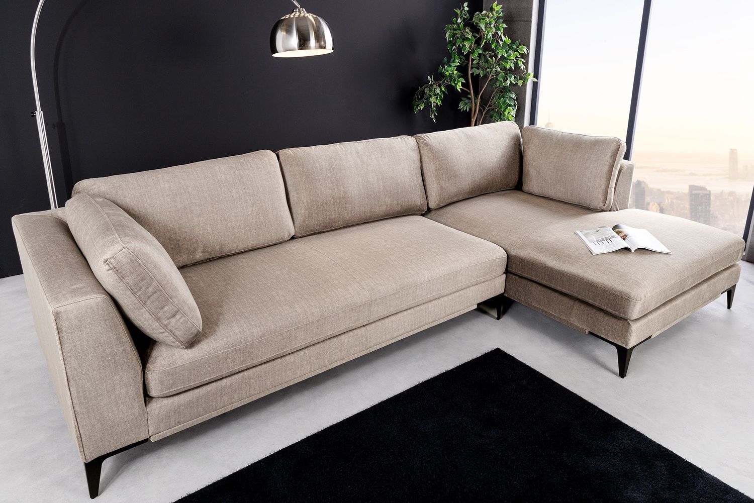 Canapé d'angle SIGNUM XL 315 cm 3 places avec pouf droit, velours taupe - 44538