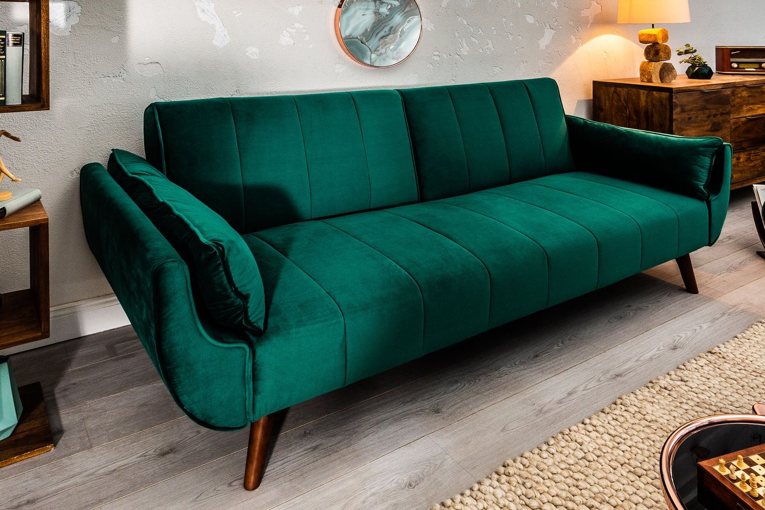 Canapé-lit DIVANI 215 cm avec accoudoirs, velours vert émeraude - 40089