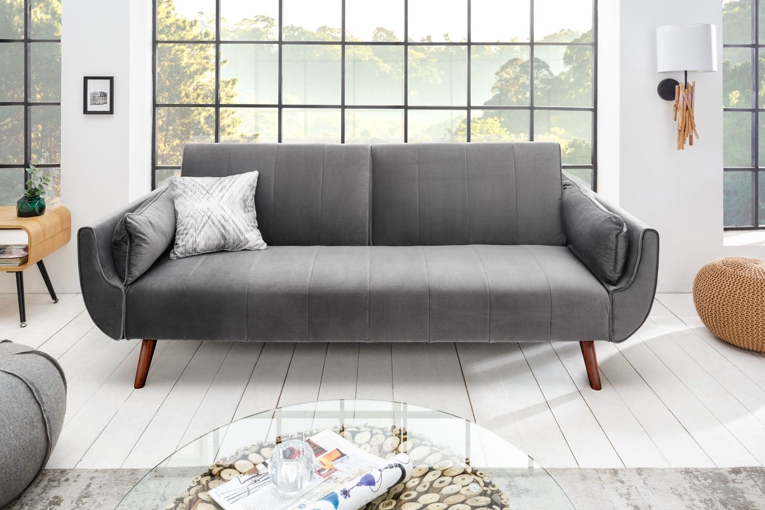 Canapé-lit DIVANI 215 cm avec accoudoirs, velours gris argenté - 40087