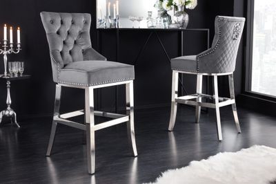 Chaise de bar CASTLE DELUXE 74 cm avec tête de lion, velours gris style baroque - 43213