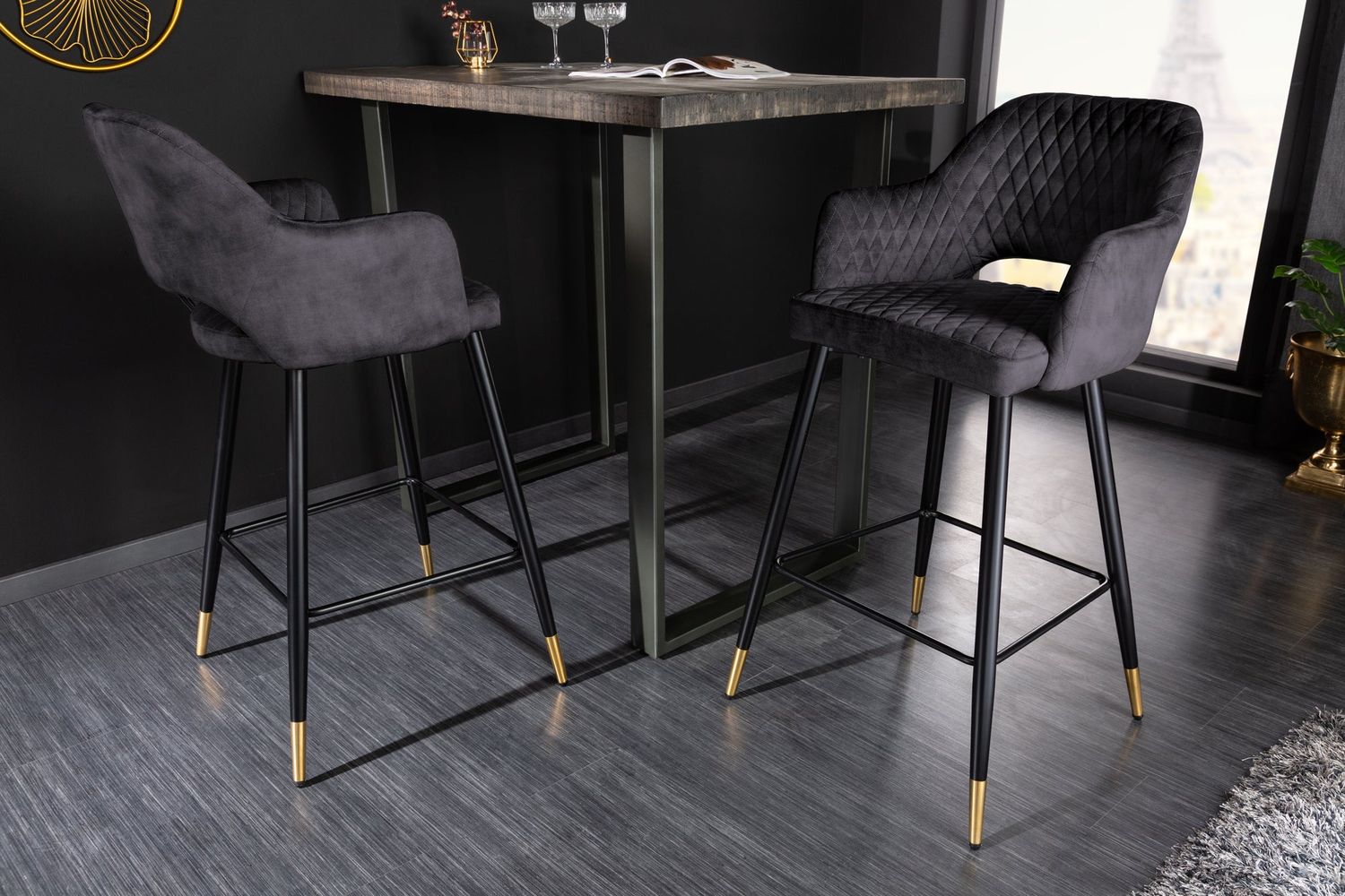 Chaise de bar PARIS avec matelassage décoratif en velours anthracite - 41514
