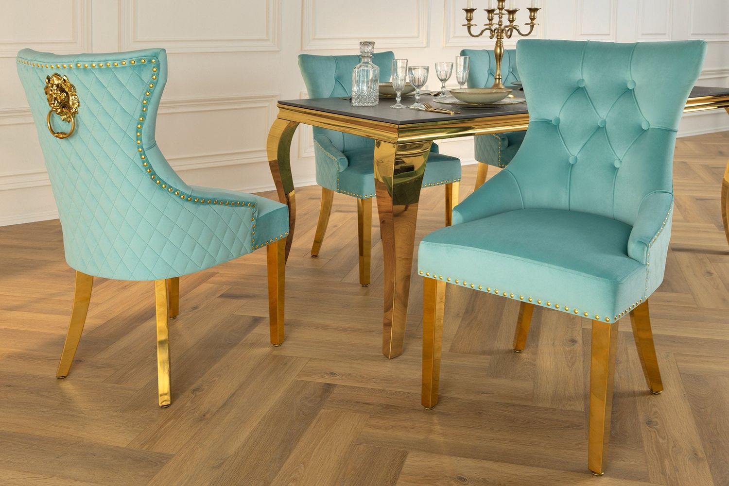 Chaise CASTLE DELUXE avec poignée tête de lion, velours bleu, pieds dorés, style baroque - 45845