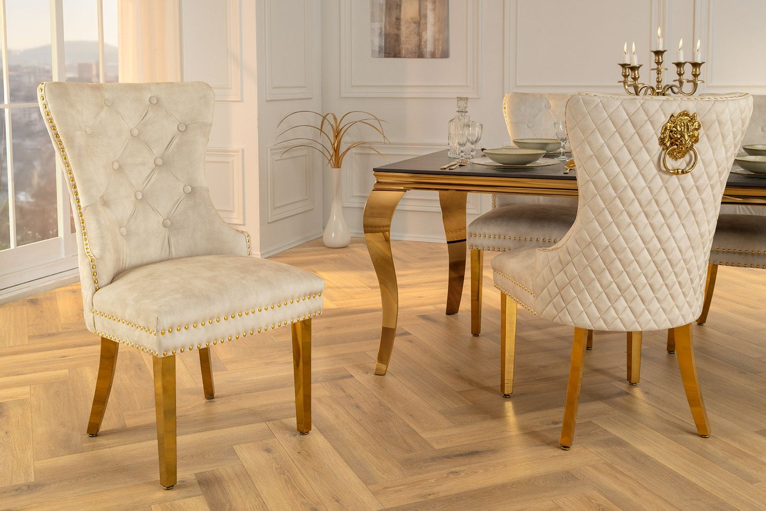 Chaise CASTLE avec poignée tête de lion, velours beige, pieds dorés, style baroque - 46148