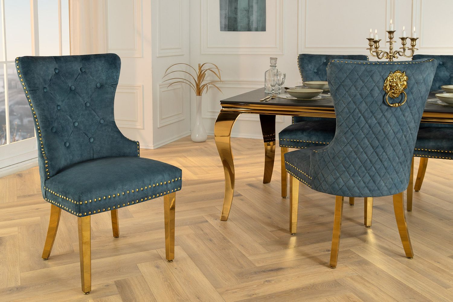 Chaise CASTLE avec poignée tête de lion, pieds en velours doré pétrole, style baroque - 46147