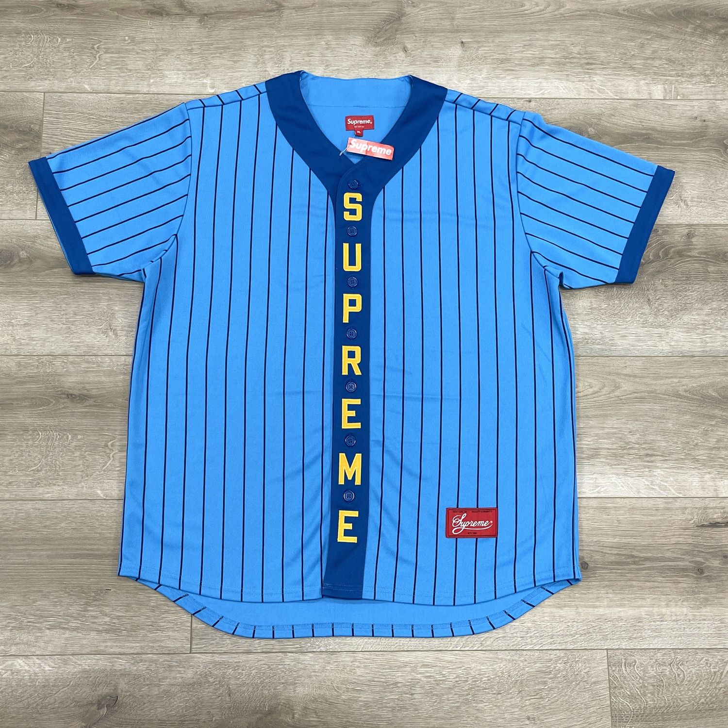FW18 Supreme Vertical Logo Baseball Jersey Blue/Yellow