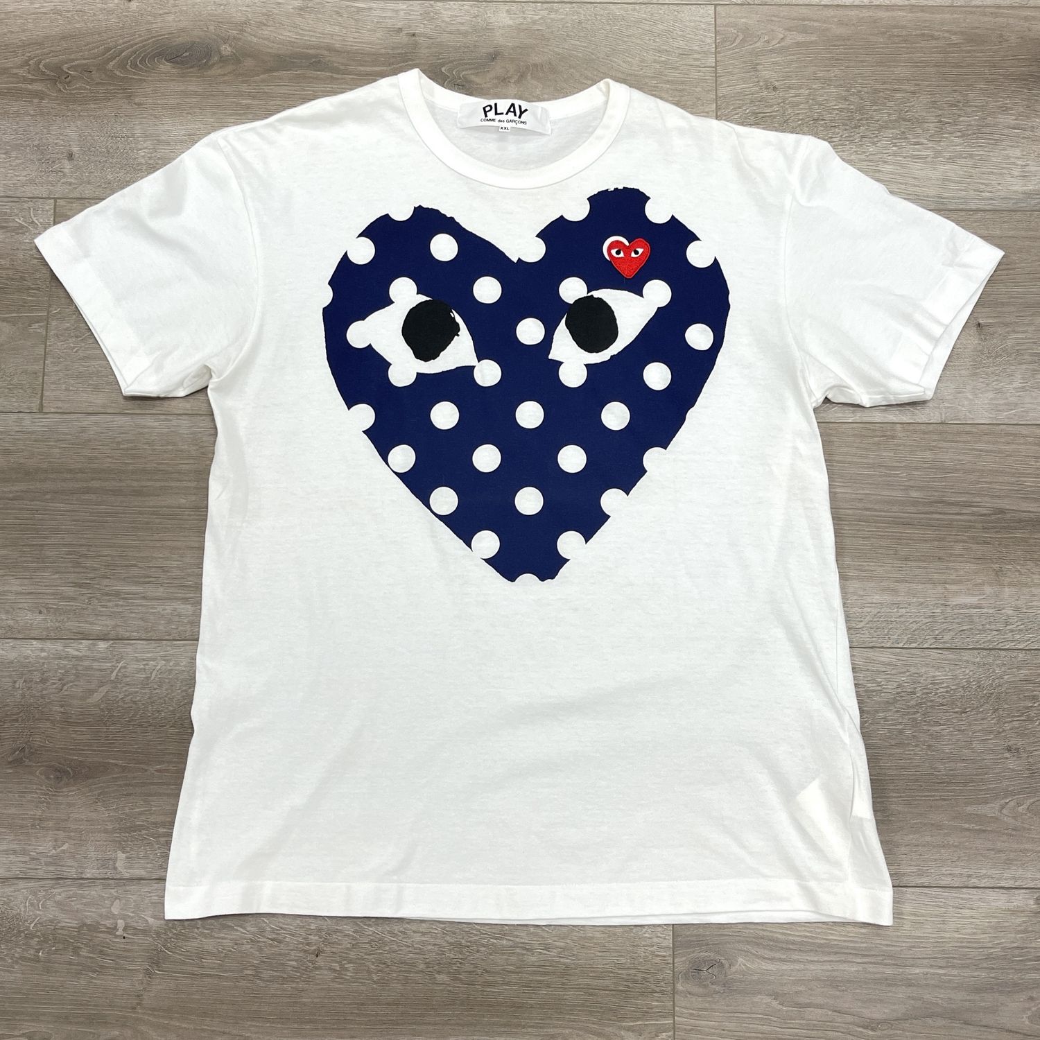 Comme des Garcons PLAY Play Navy Polka Dot Full Heart T-shirt White