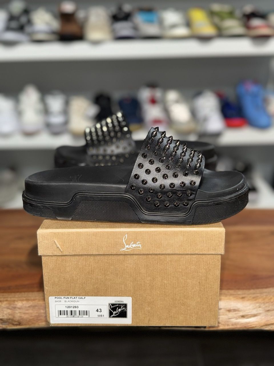 Christian Louboutin Pool Fun Flat Black Gun - Pre-Owned, Shoe Size: US M 10, Product Condition: Pre-Owned