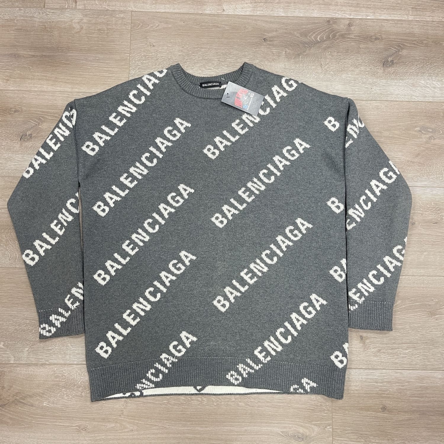 Balenciaga All Over Logo Knit Crewneck &#39;Dark Grey/White&#39; size Medium Pre-Owned