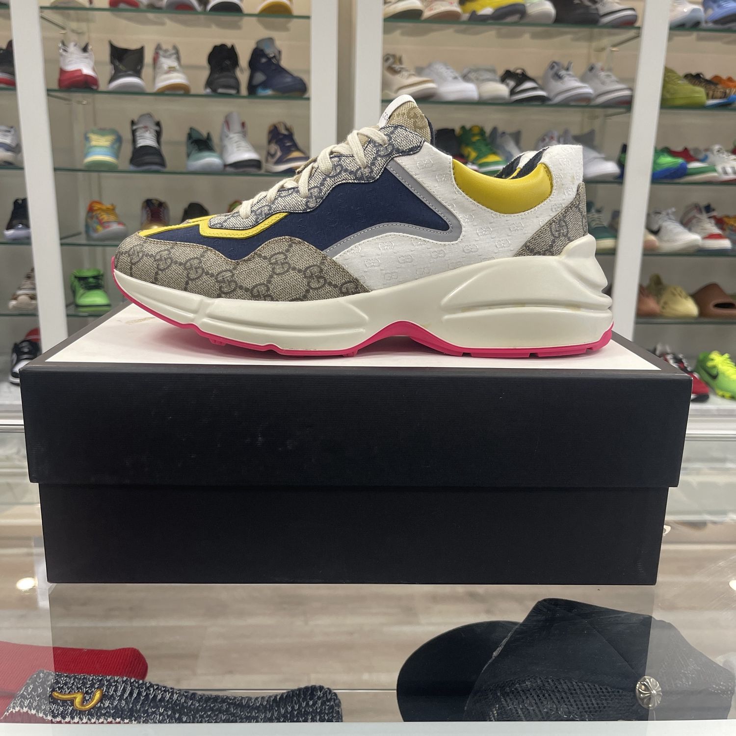 Gucci Supreme Monogram Mix Monogram Mens Rhyton Sneakers London Blue Beige Sun Yellow, Shoe Size: US M 11, Product Condition: Pre-Owned