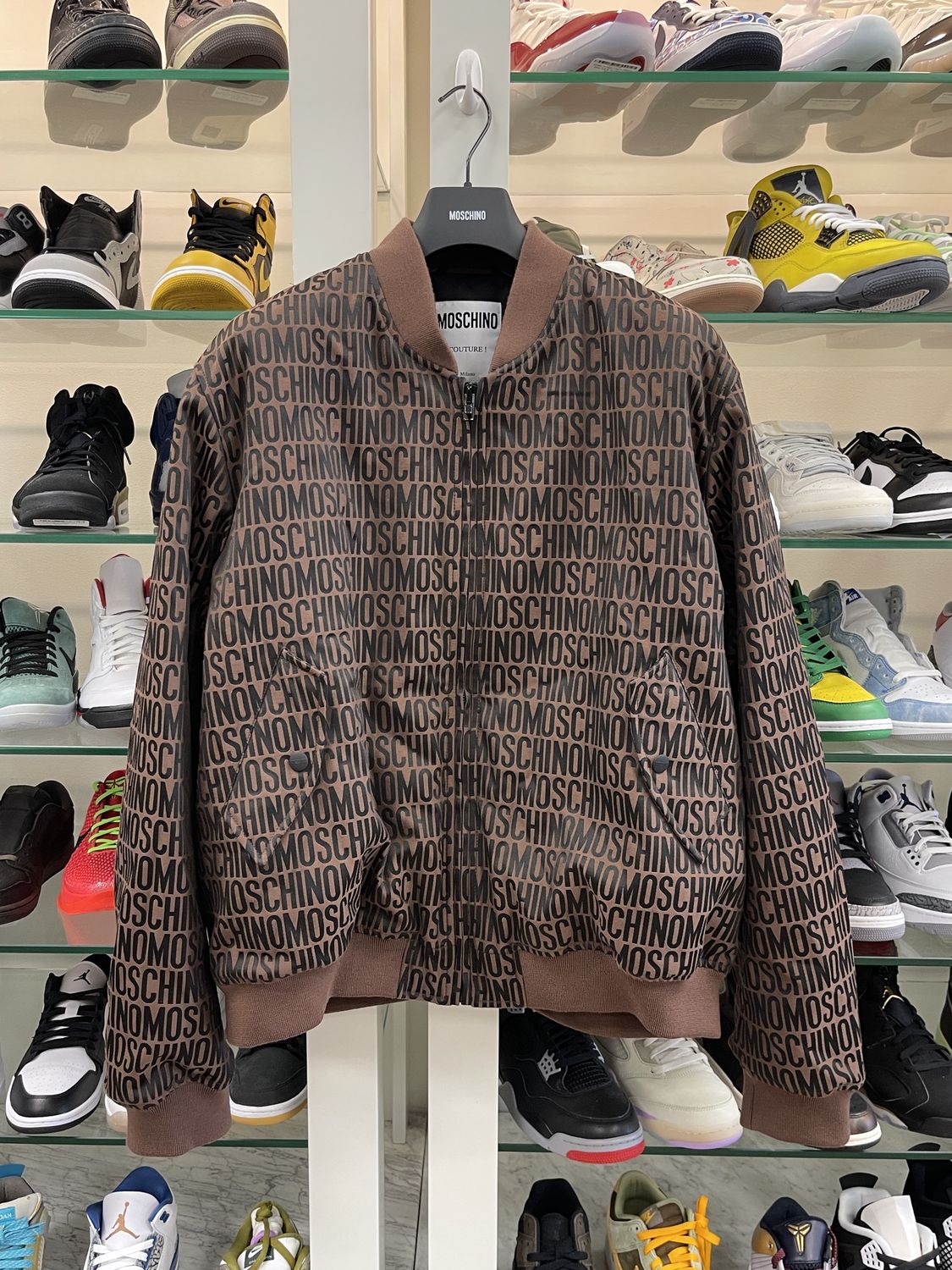 Moschino All-Over Logo Jacquard Nylon Bomber Jacket Dark Brown size 54 New