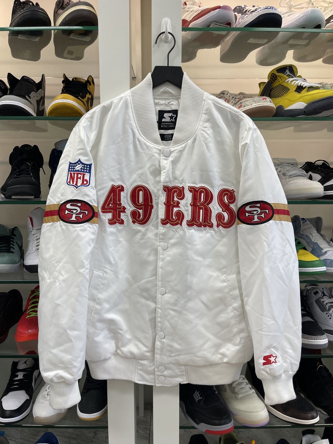 Starter black label SF 49ers White Bomber Jacket size Large Pre-Owned