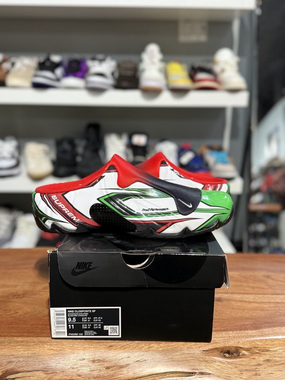 Nike Clogposite Supreme White Gym Red Green - Pre-Owned, Shoe Size: US M 9.5, Product Condition: Pre-Owned