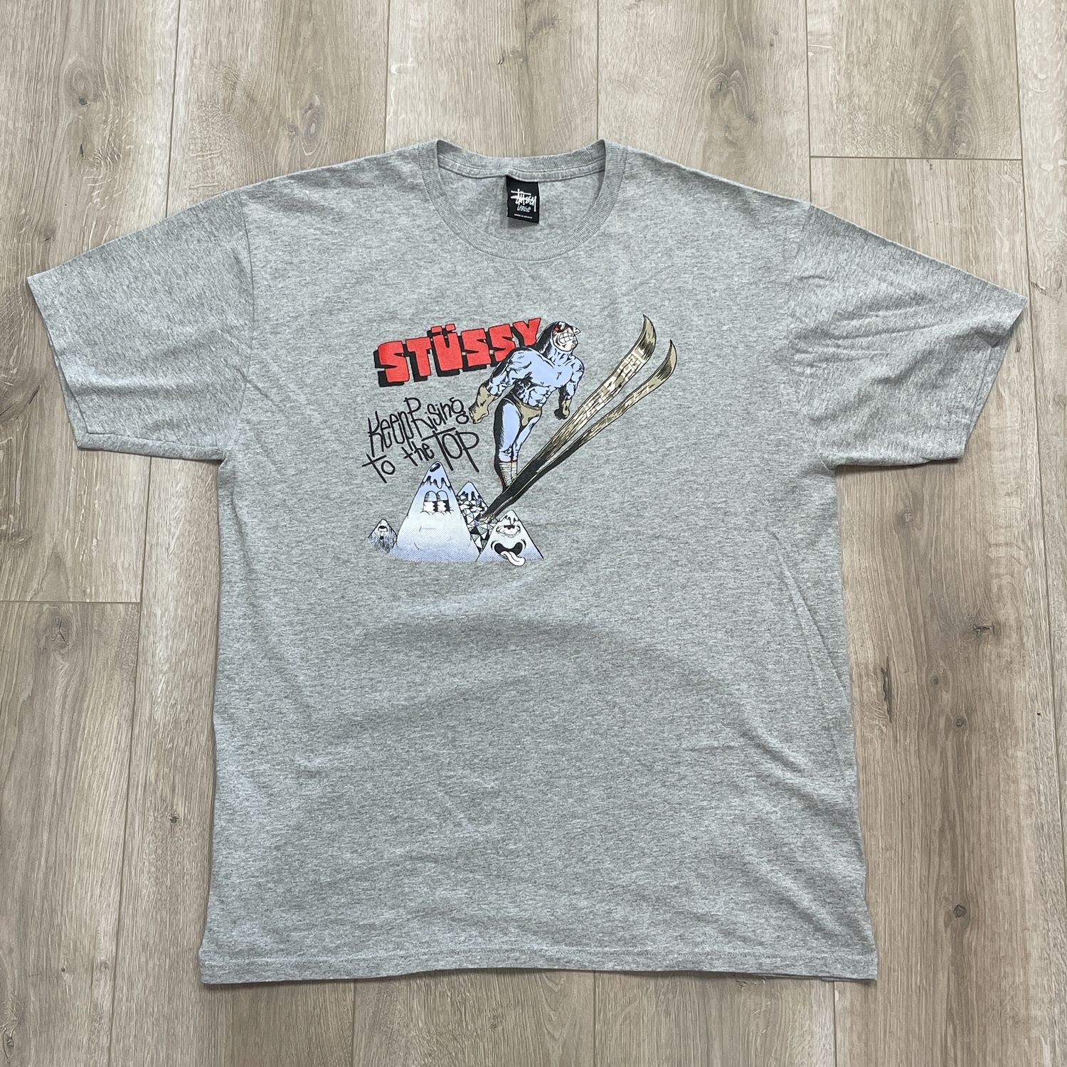 Vintage Stussy “Keep Rising to the Top” Tee Grey, Clothing Size: L, Product Condition: Pre-Owned