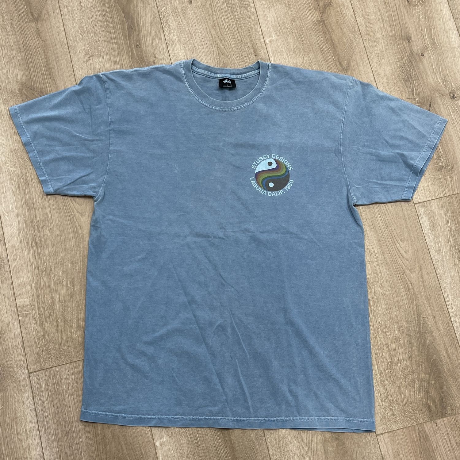 Stussy Classic Rainbow Ying Yang Logo Blue Tee Shirt