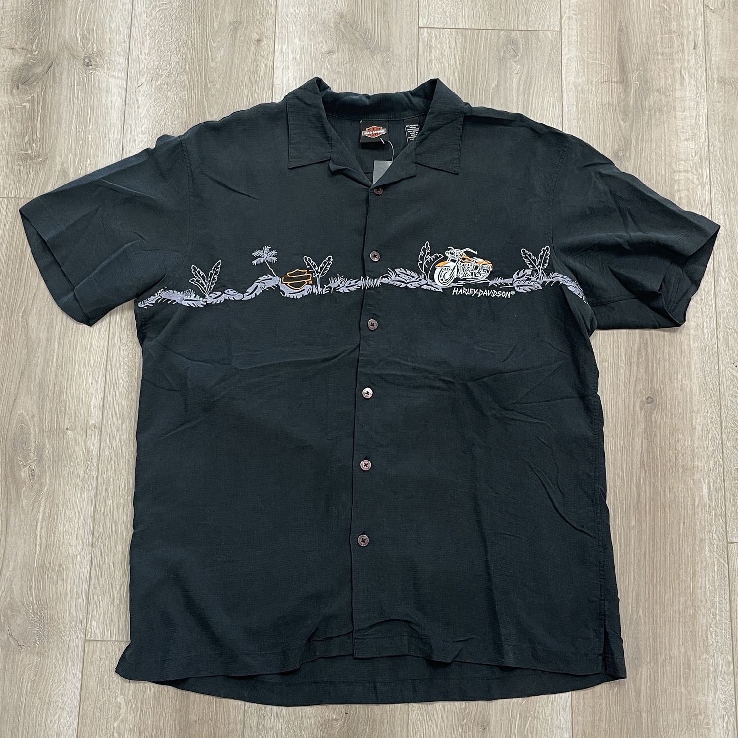 Harley Davidson Button Up Shirt Palm Tree Motorcycle Black • Pre-Owned
