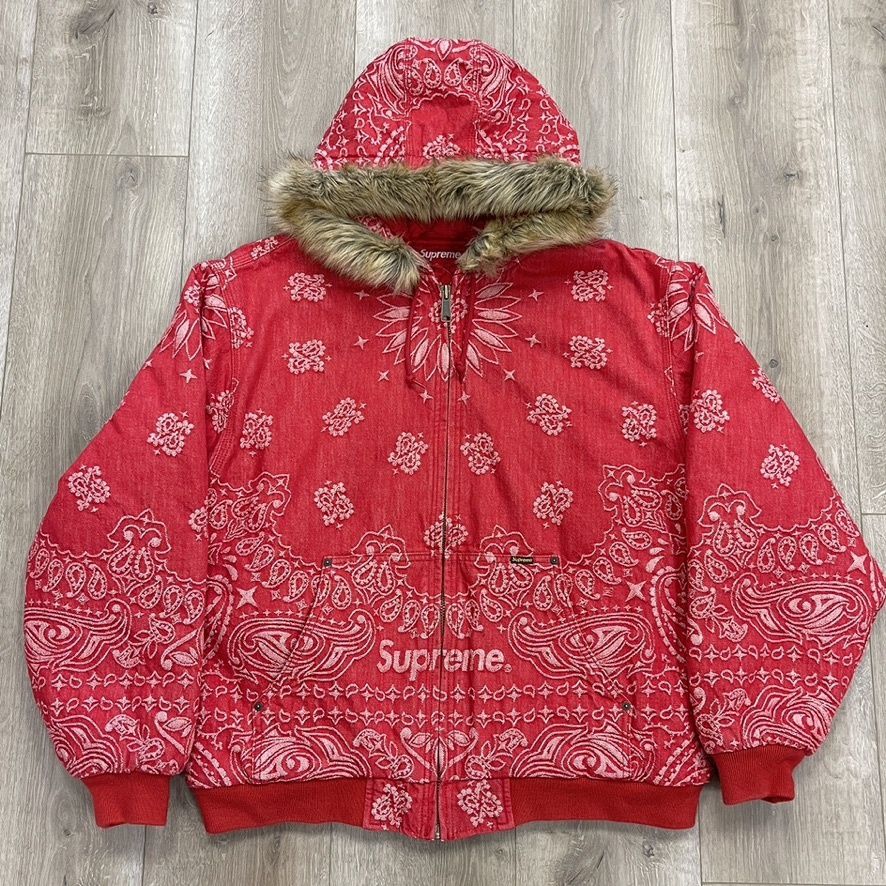 Supreme Bandana Jacquard Denim Hooded Work Jacket Red size XL Brand New
