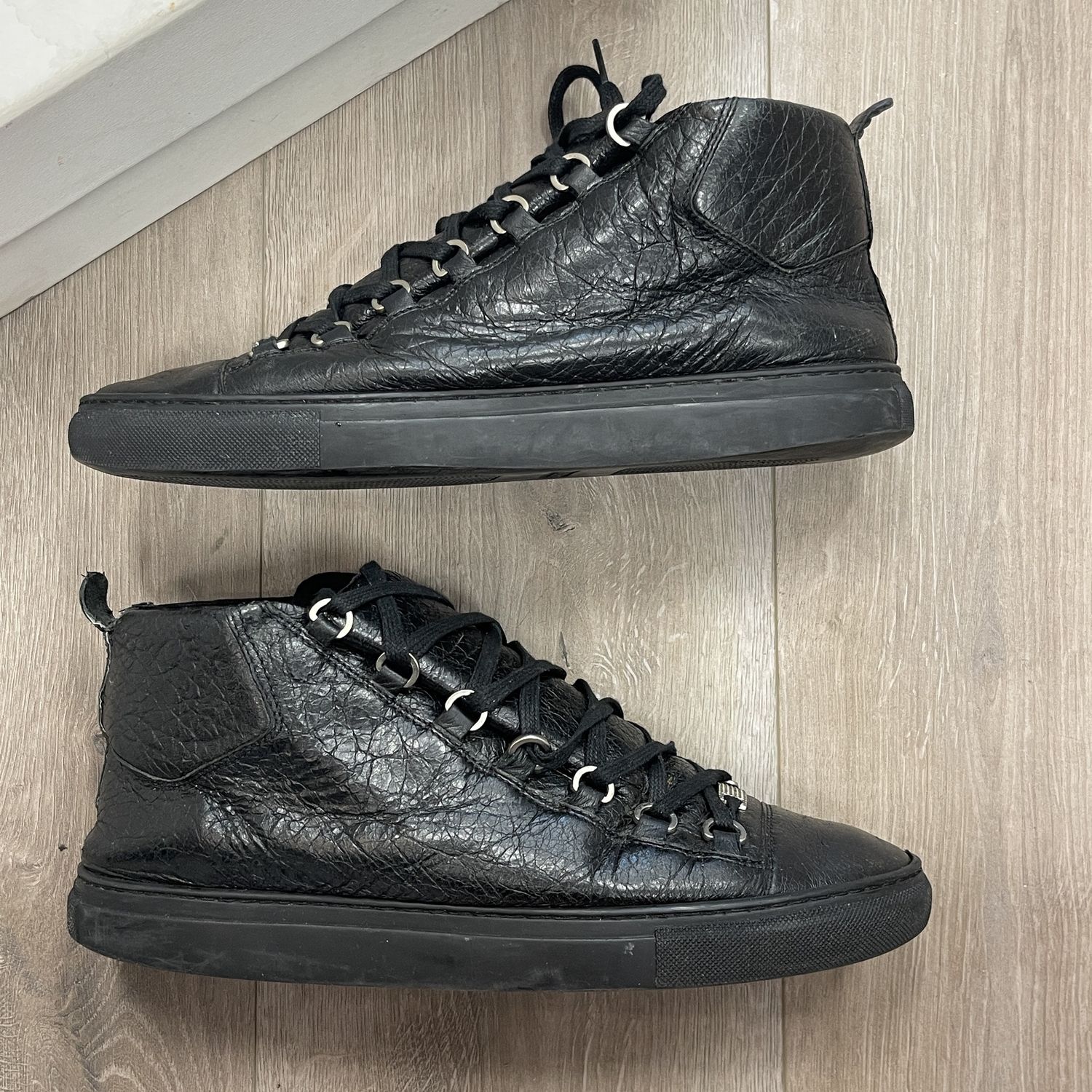 Balenciaga Arena High Black Leather • Pre-Owned, Product Condition: Pre-Owned, Shoe Size: US M 9