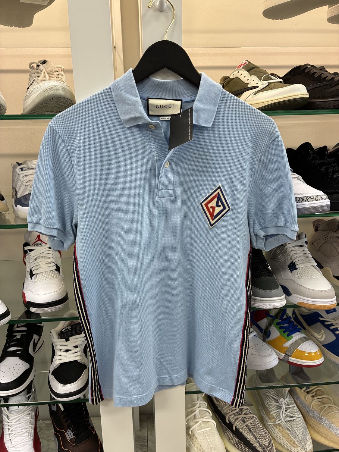 Gucci - Logo-Appliquéd Striped Cotton-Blend Piqué Polo Shirt - Light blue - Pre-Owned, Clothing Size: S, Product Condition: Pre-Owned