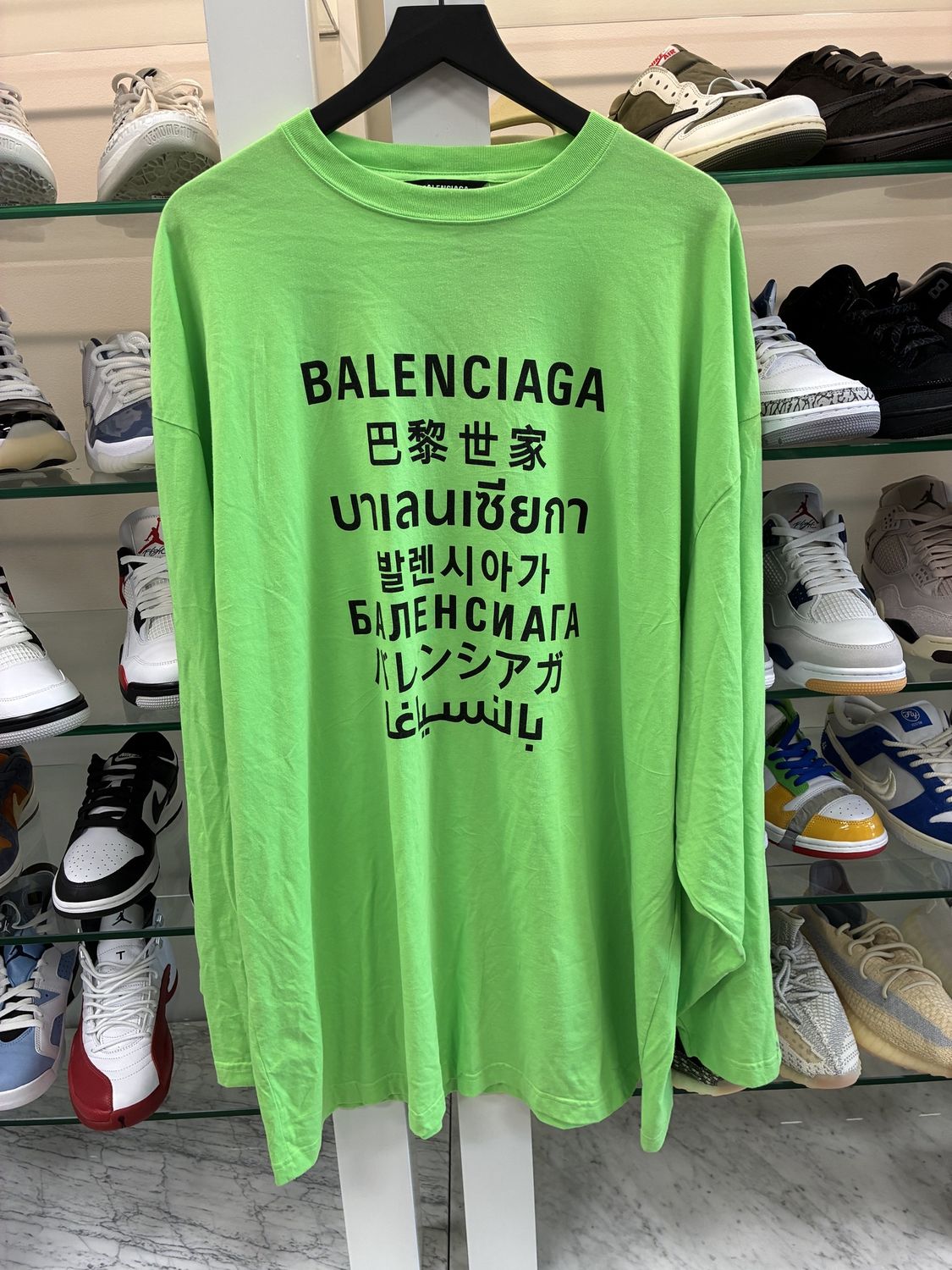 Balenciaga Languages Long-Sleeve T-Shirt &#39;Fluo Green&#39; - Pre-Owned, Clothing Size: XL, Product Condition: Pre-Owned