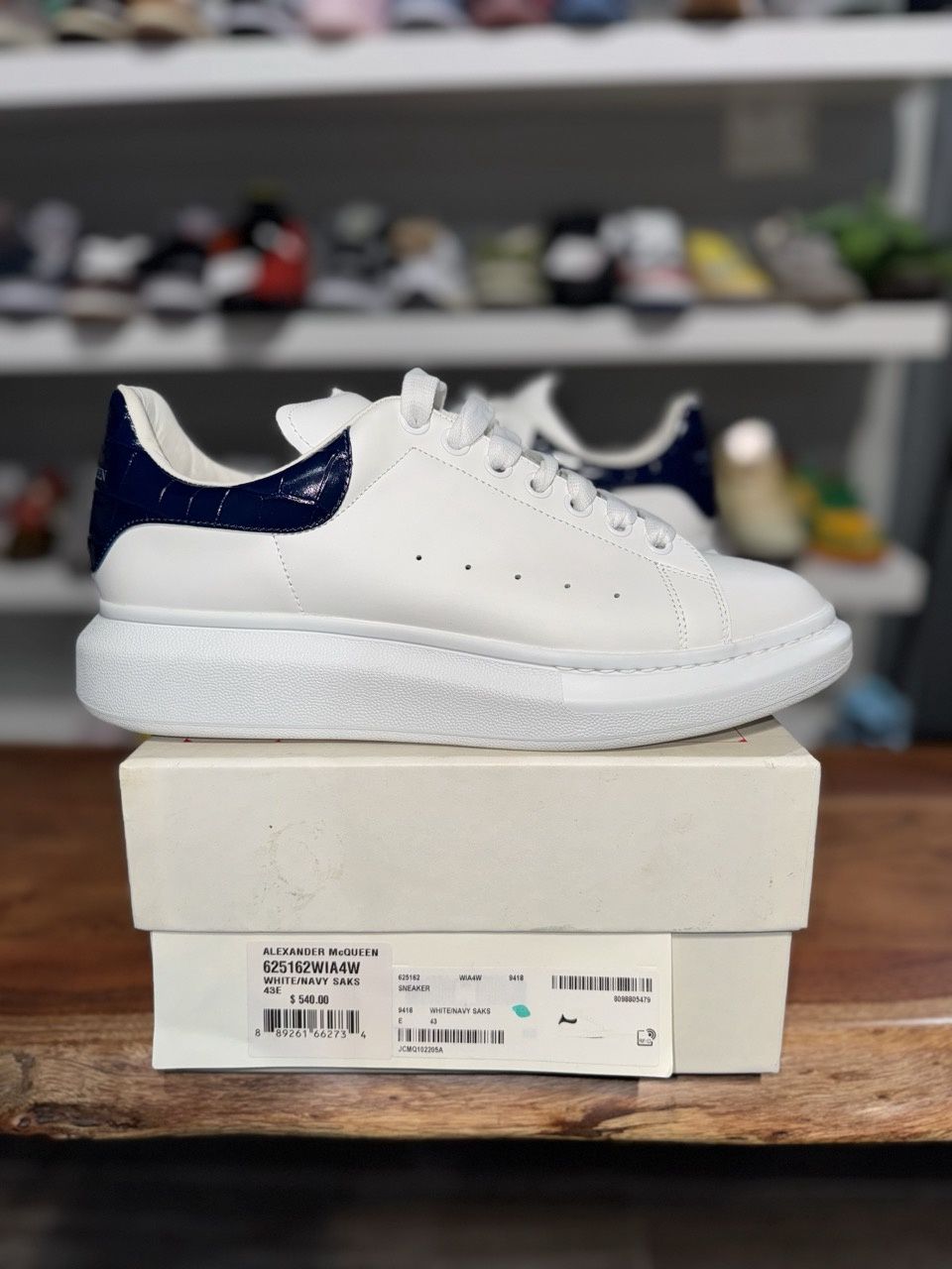 Alexander McQueen Oversized Sneaker White Navy • Pre-Owned Saks, Product Condition: Pre-Owned, Shoe Size: US M 10